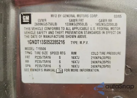 2005 Chevrolet Trailblazer Ls z USA, uszkodzony, nr VIN 1GNDT13S052285216